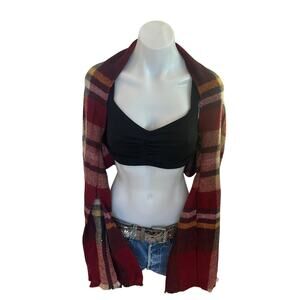 Red Plaid Blanket Kimono Shrug Unique Handmade One Size Boho Black Soft Cozy